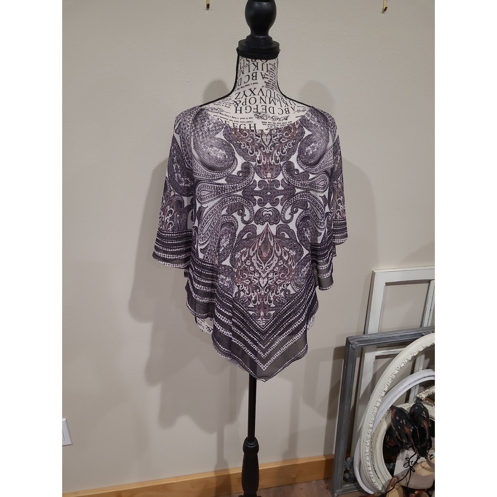 World Unity Women SZ OX  L-XL sheer black gray poncho style cover top layer boho